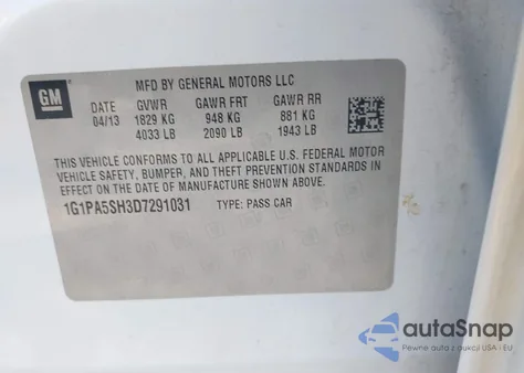 2013 Chevrolet Cruze Ls Auto z USA, uszkodzony, nr VIN 1G1PA5SH3D7291031